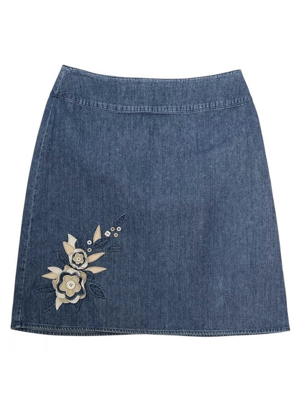Casual Corner Annex Petite Embroidered Denim Skirt 8P Boho Floral Cottage Core